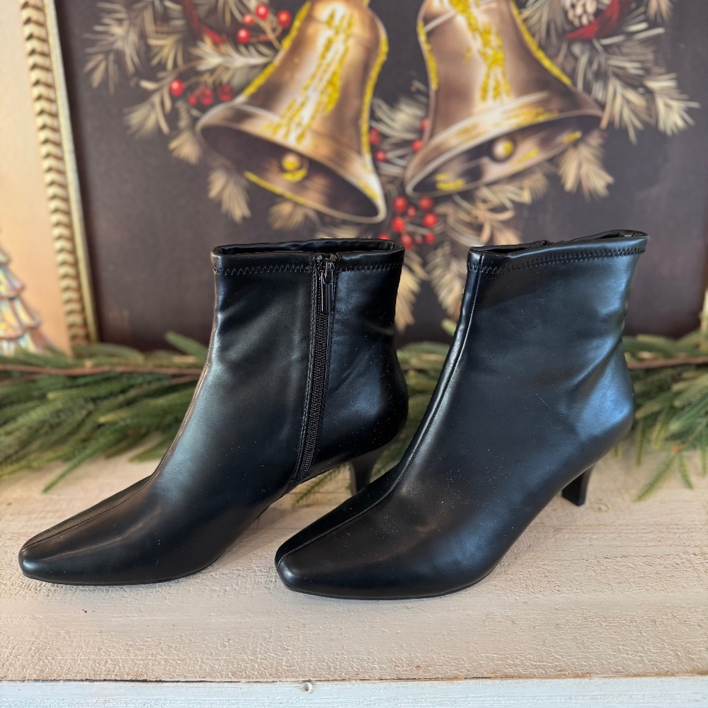 Impo Stretch Black Square-Toe Ankle Boots with Kitten Heel